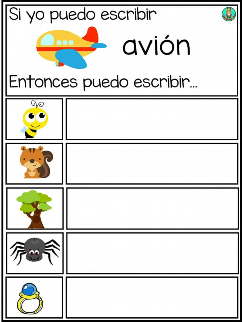 Initial A words: after the model word avión, students write names for a bee, squirrel, tree, spider and ring pictured