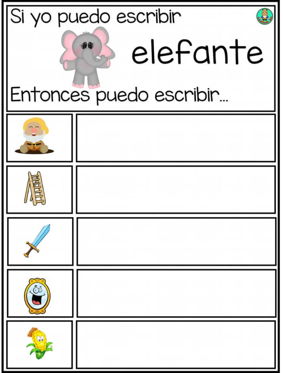 Initial E words: after the model word elefante, students write names for a dwarf, ladder, sword, mirror and corn pictured