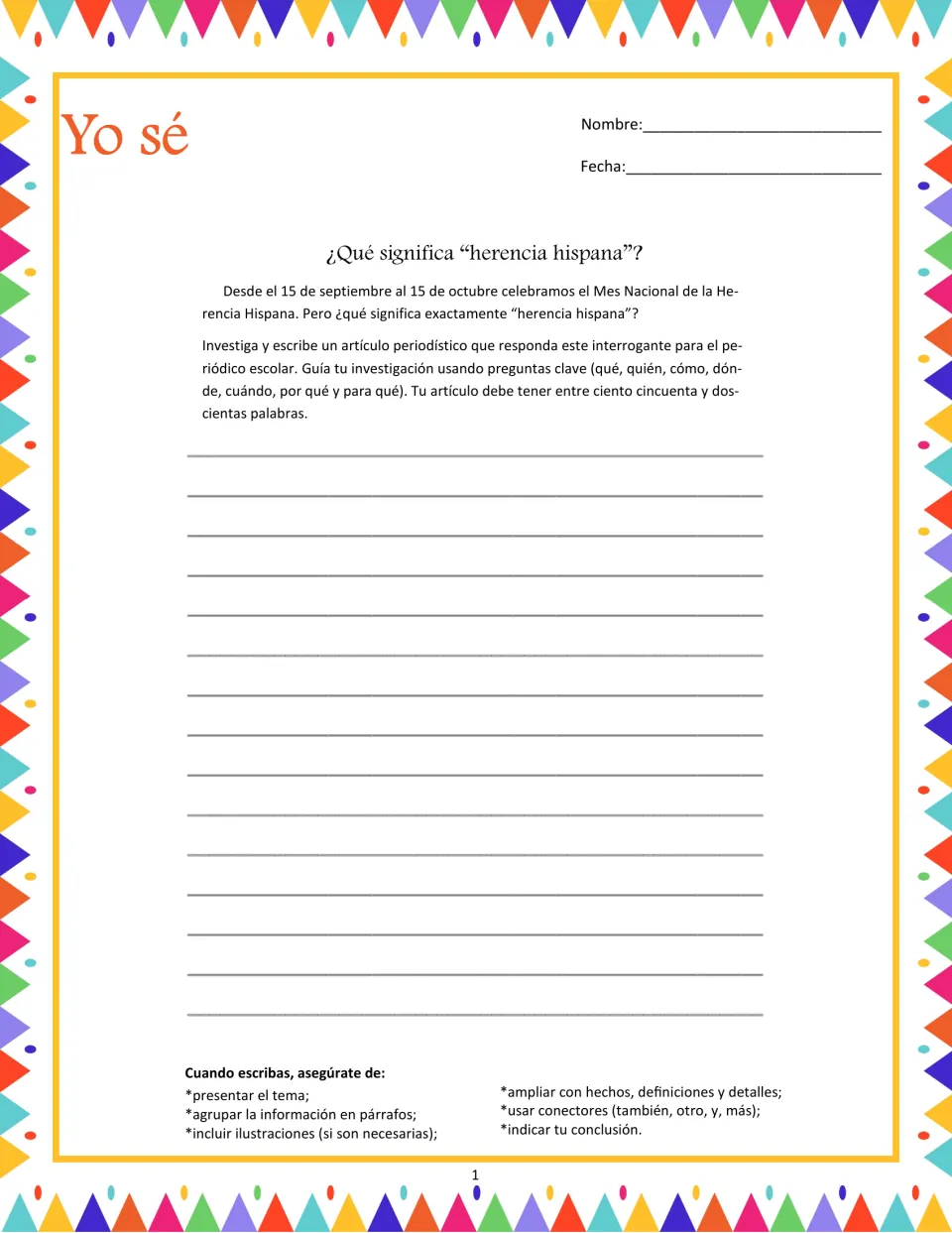 Informative writing prompt asks students to research Hispanic heritage and write a 150–200-word newspaper article