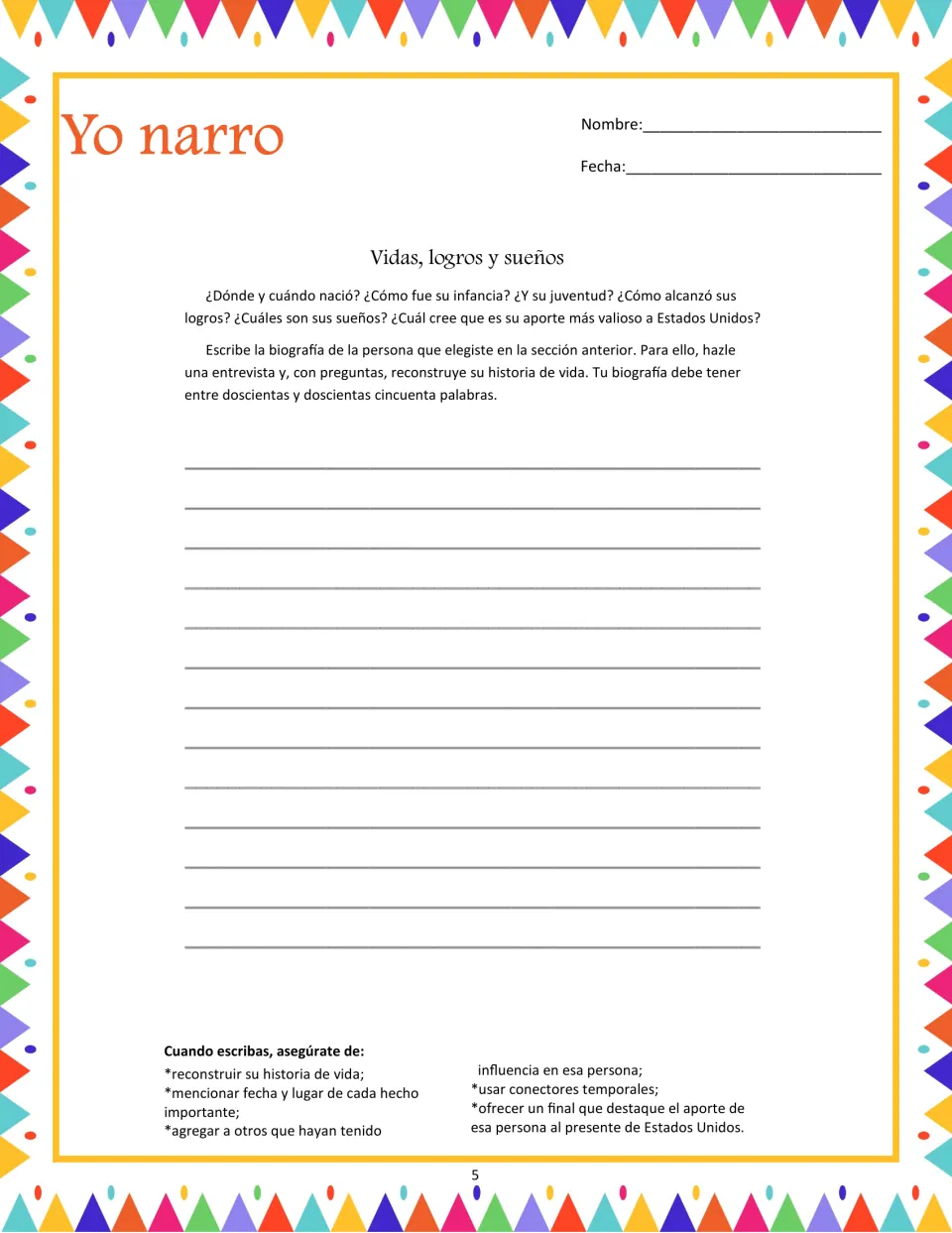 Biography prompt asks students to interview their chosen person and recount their life and achievements in 200–250 words