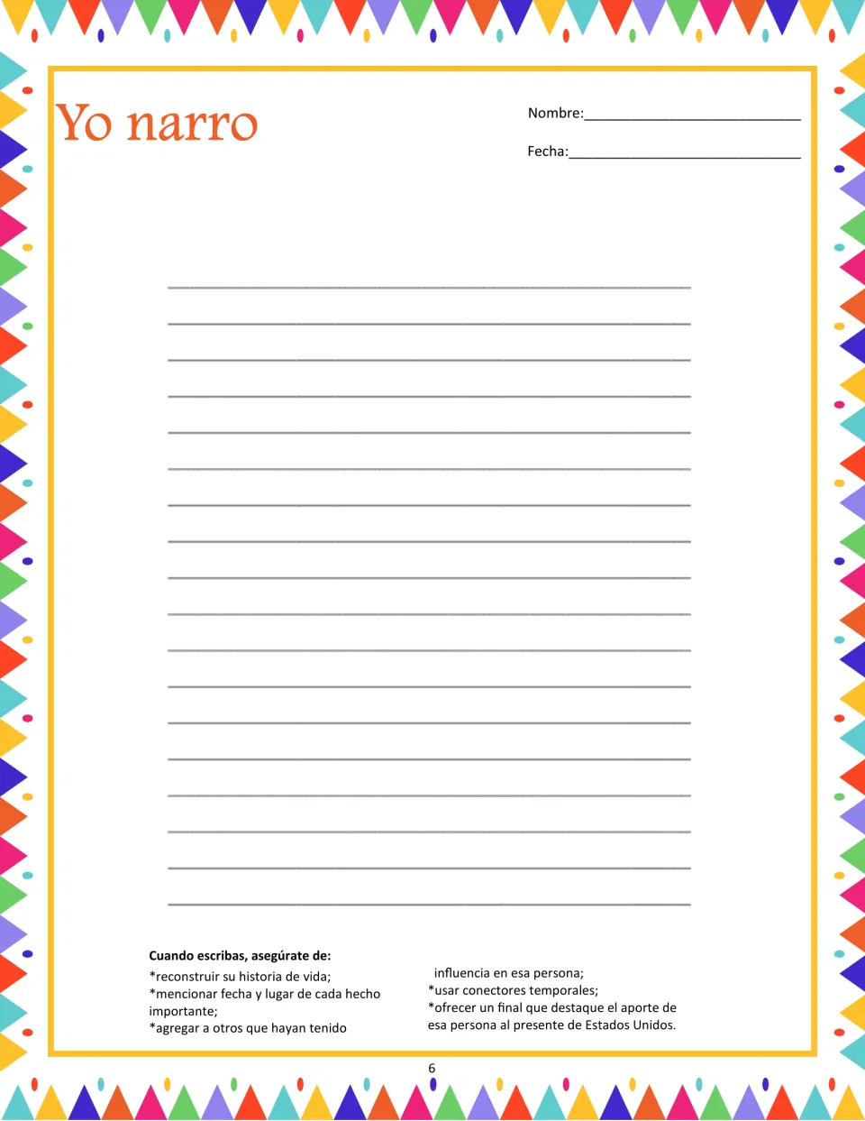 Biography continuation reminds students to include dates, places, influential people, and the person's contribution