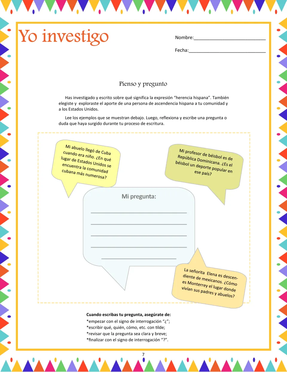 Research-question activity models questions about Cuban communities, Dominican baseball, and life in Monterrey