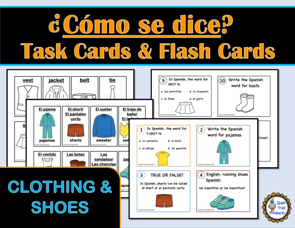 Spanish clothing and shoes resource cover showing bilingual flashcards, matching cards and sample task cards