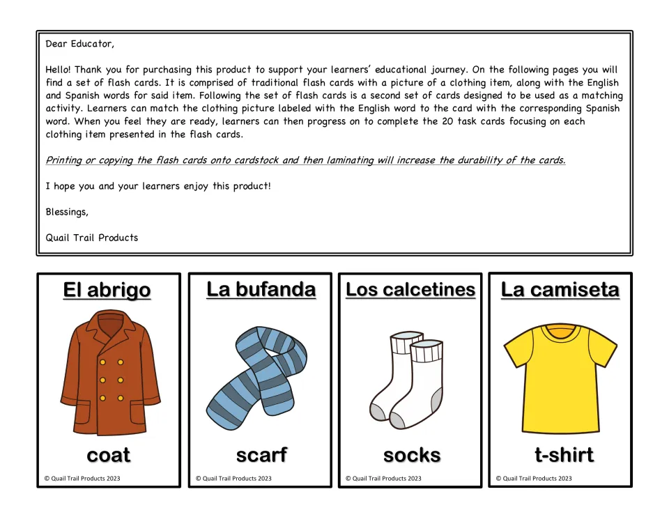 Bilingual flashcards 1–4: el abrigo (coat), la bufanda (scarf), los calcetines (socks) and la camiseta (t-shirt)