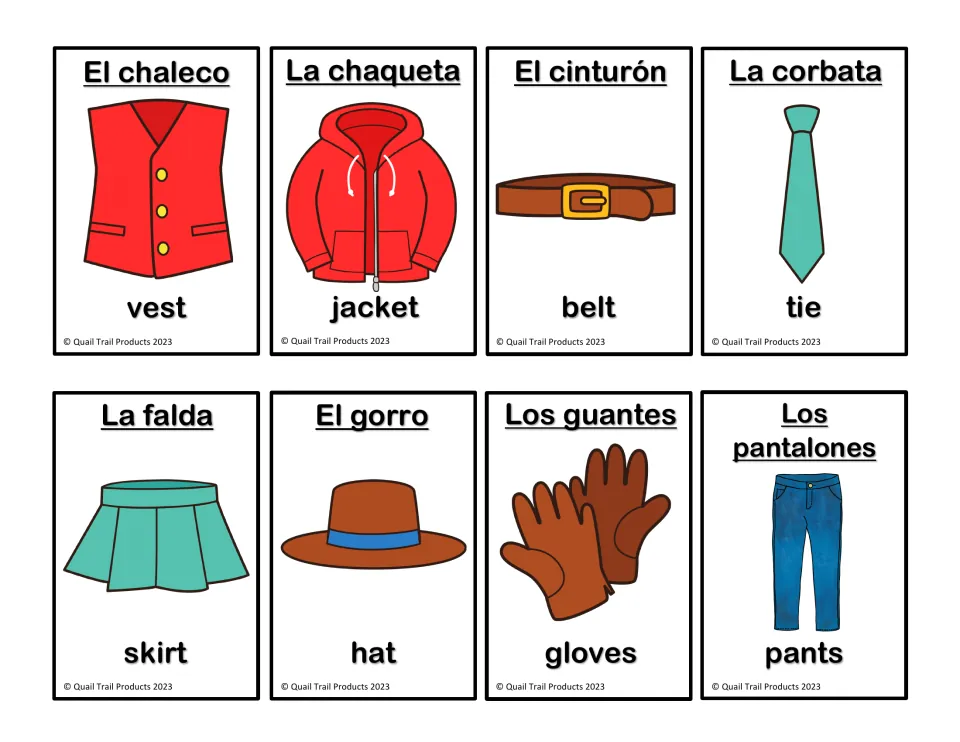 Bilingual clothing flashcards 5–12: vest, jacket, belt, tie, skirt, hat, gloves and pants, with pictures