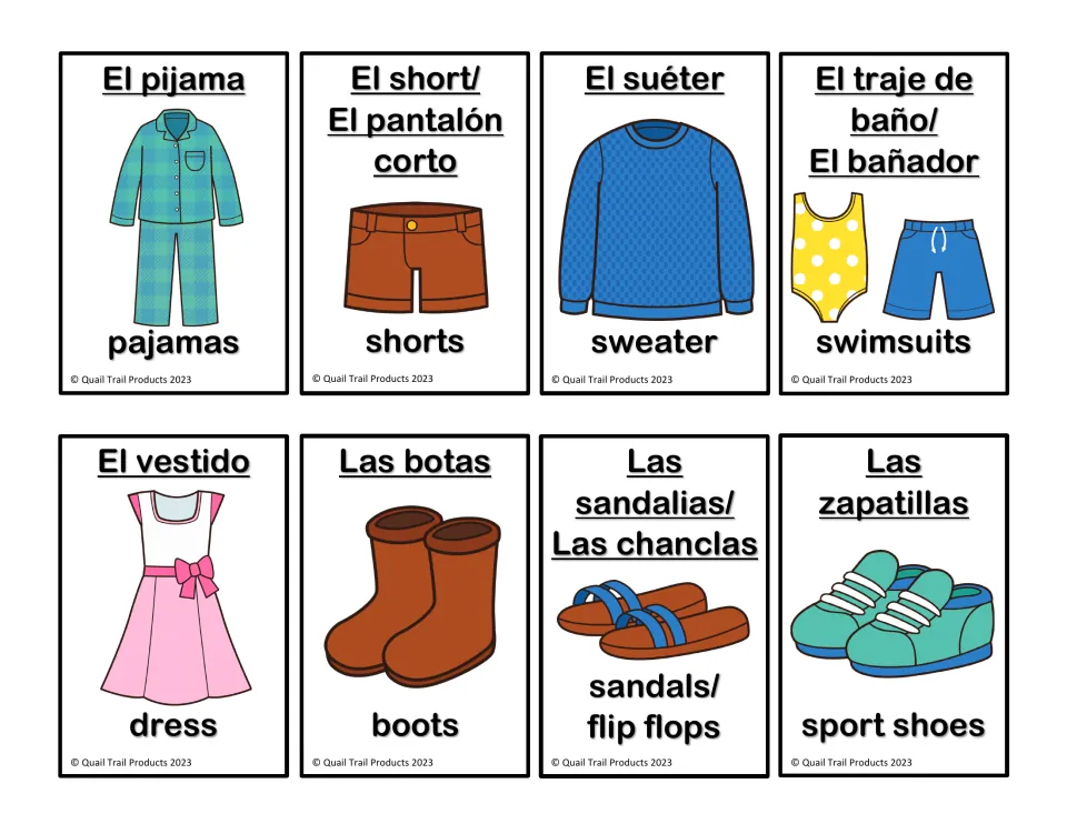 Bilingual flashcards 13–20: pajamas, shorts, sweater, swimsuits, dress, boots, sandals and sport shoes