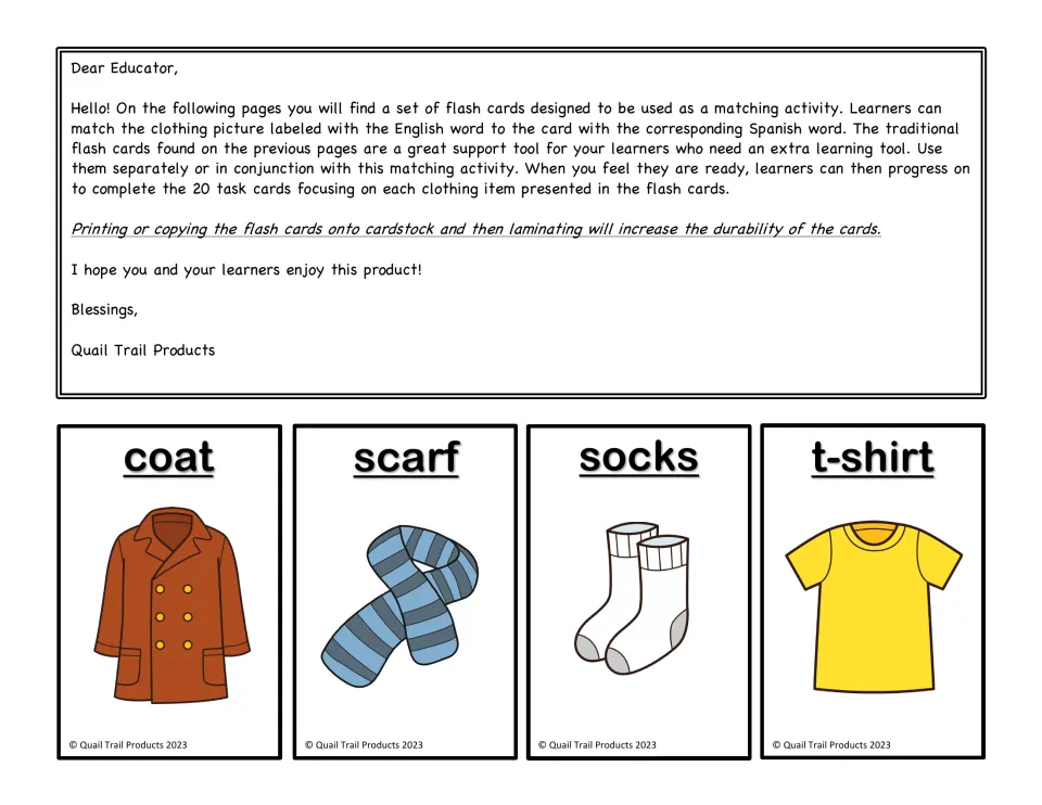 English picture cards 1–4 for Spanish matching: coat, scarf, socks and t-shirt, with educator directions