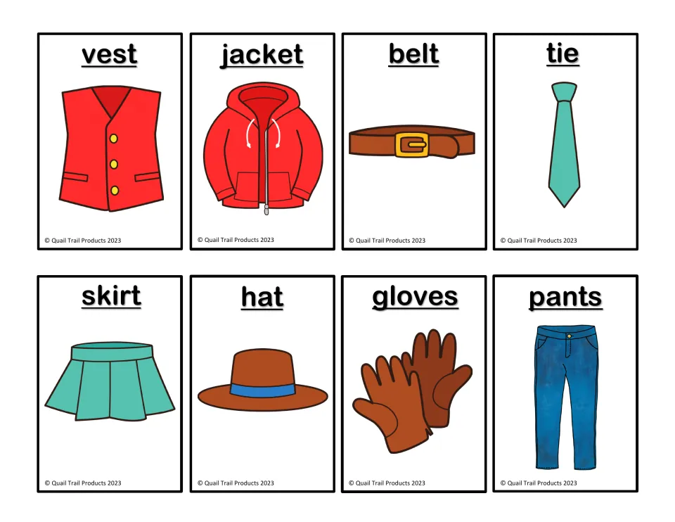 English picture cards 5–12 for Spanish matching: vest, jacket, belt, tie, skirt, hat, gloves and pants