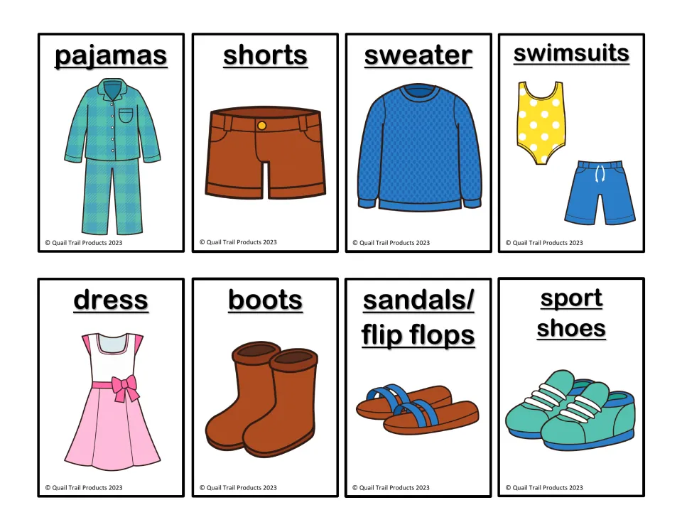 English matching cards 13–20: pajamas, shorts, sweater, swimsuits, dress, boots, sandals and sport shoes