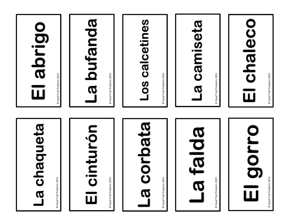 Spanish matching labels 1–10: el abrigo (coat), la bufanda (scarf), los calcetines (socks) and seven more