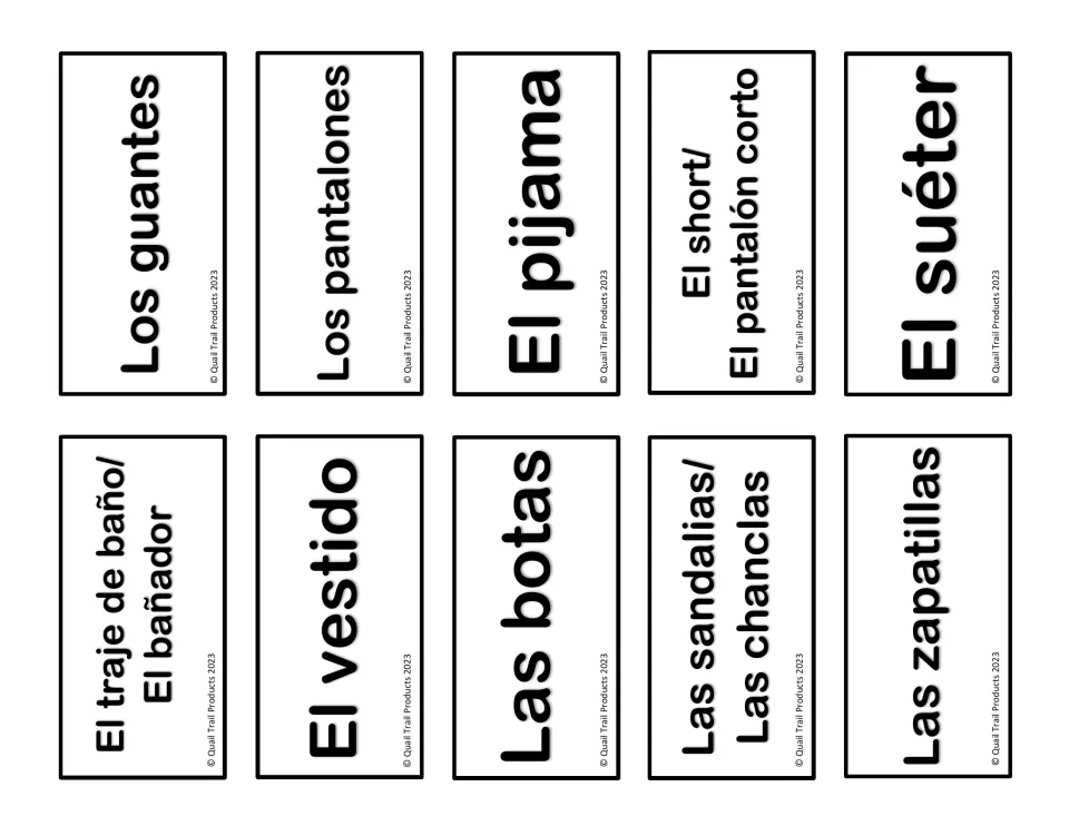 Spanish matching labels 11–20: los guantes (gloves), los pantalones (pants), el pijama (pajamas) and seven more