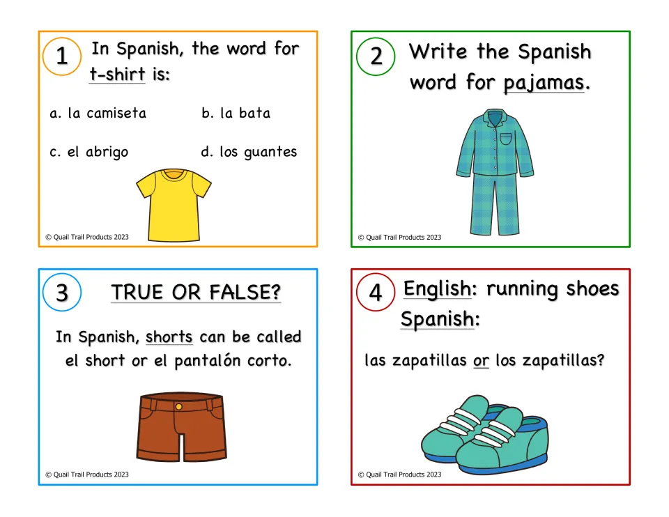 Spanish task cards 1–4: choose t-shirt vocabulary, write pajamas, judge shorts wording and select las or los