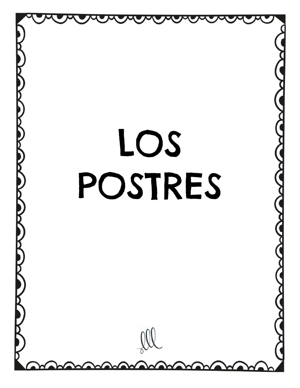 Spanish restaurant speaking game vocabulary card: 'LOS POSTRES' (desserts), shown as one card on this page