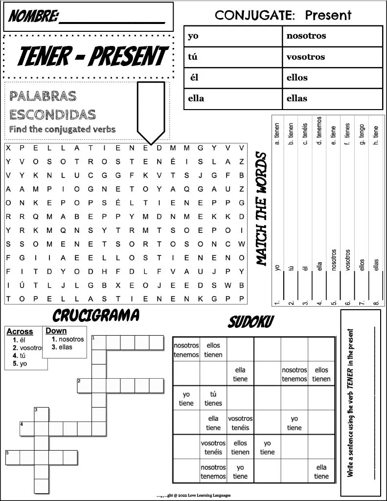 Spanish: TENER Verb Conjugation Worksheet – cover