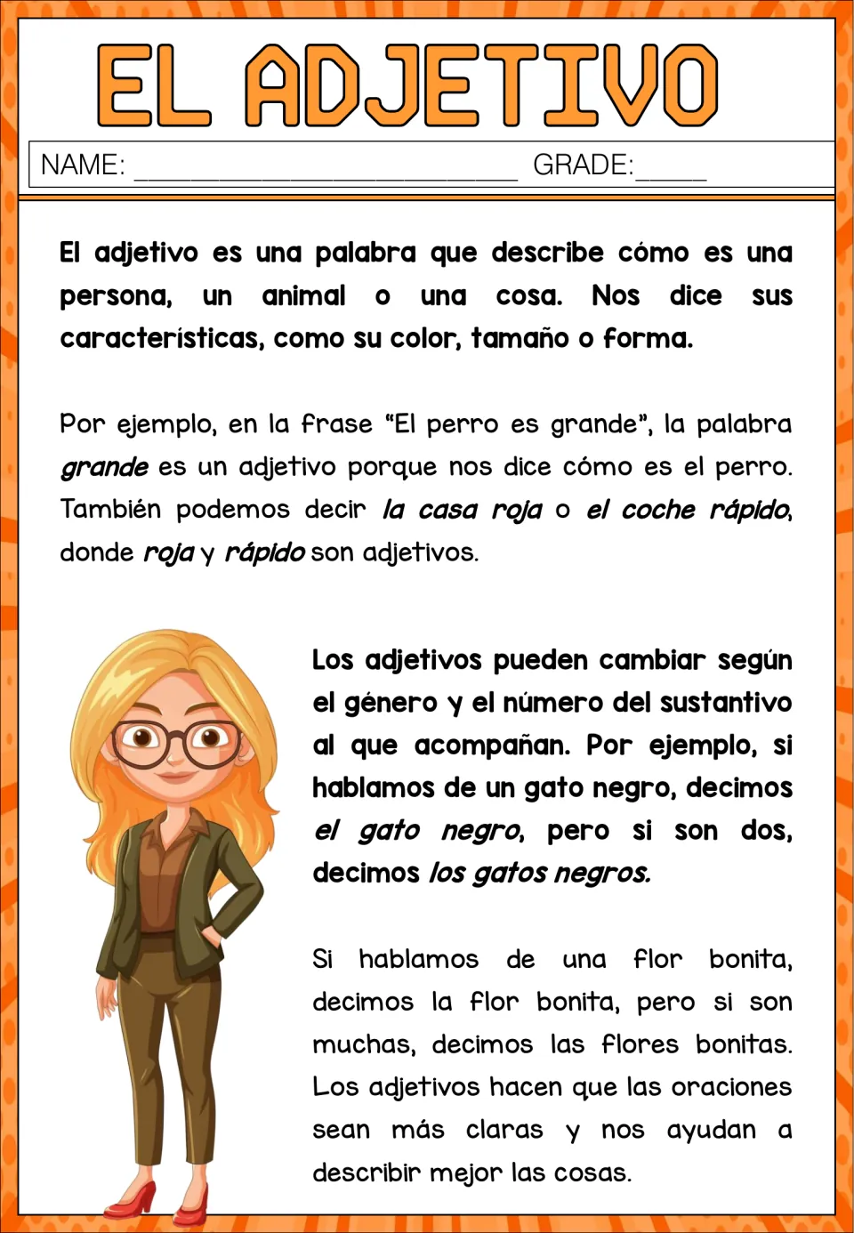 El adjetivo reading in Spanish: adjectives describe color, size or shape and agree in gender and number with the noun
