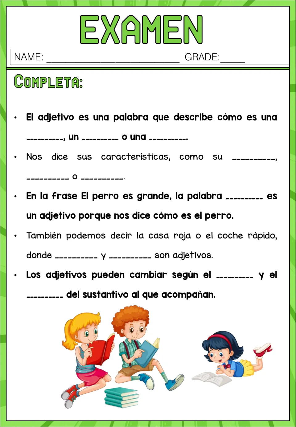 Examen, Completa: fill-in-the-blank sentences recalling what adjectives describe and spotting grande, roja and rápido