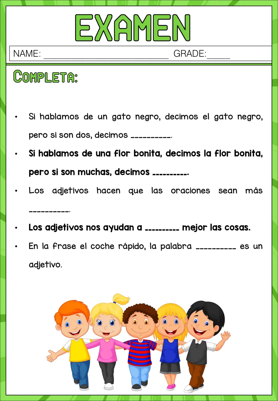 Examen, Completa: students write plural forms of el gato negro and la flor bonita and complete sentences on adjective use