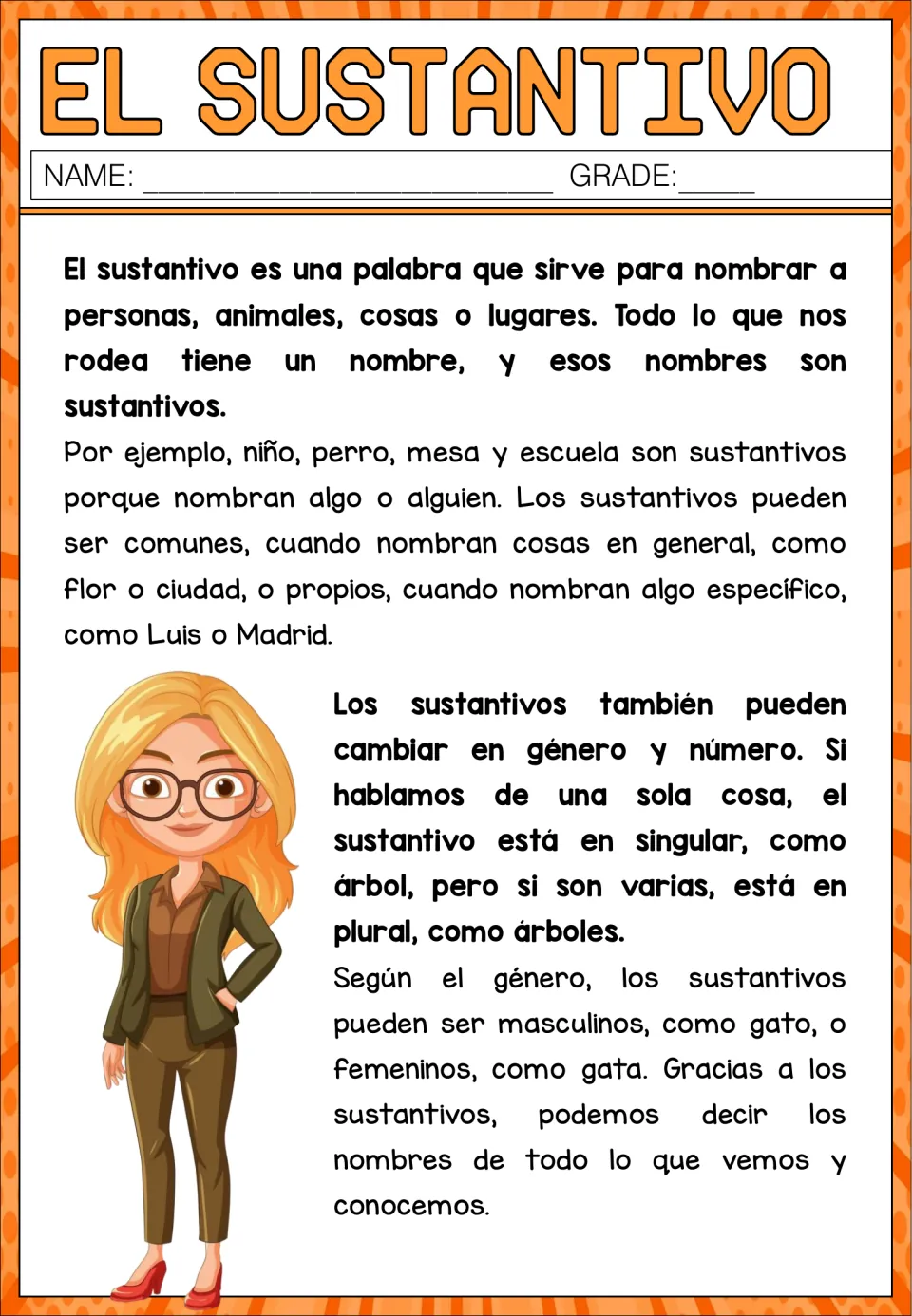 El sustantivo reading in Spanish: explains common vs. proper nouns, singular and plural, and masculine and feminine