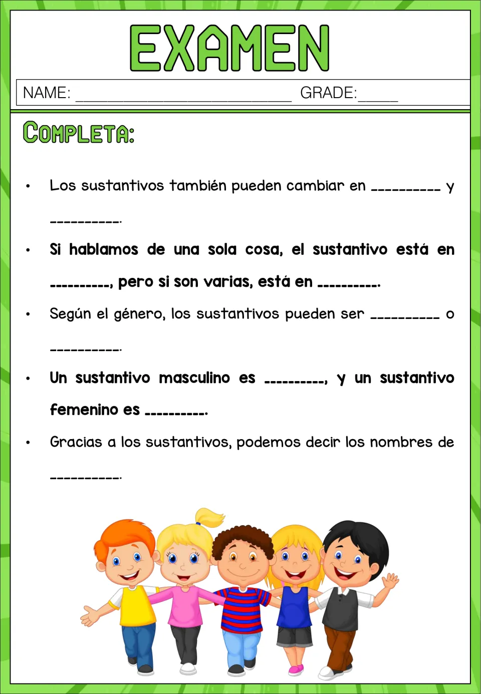 Examen, Completa: students fill in blanks on noun gender and number, singular vs. plural, masculine vs. feminine