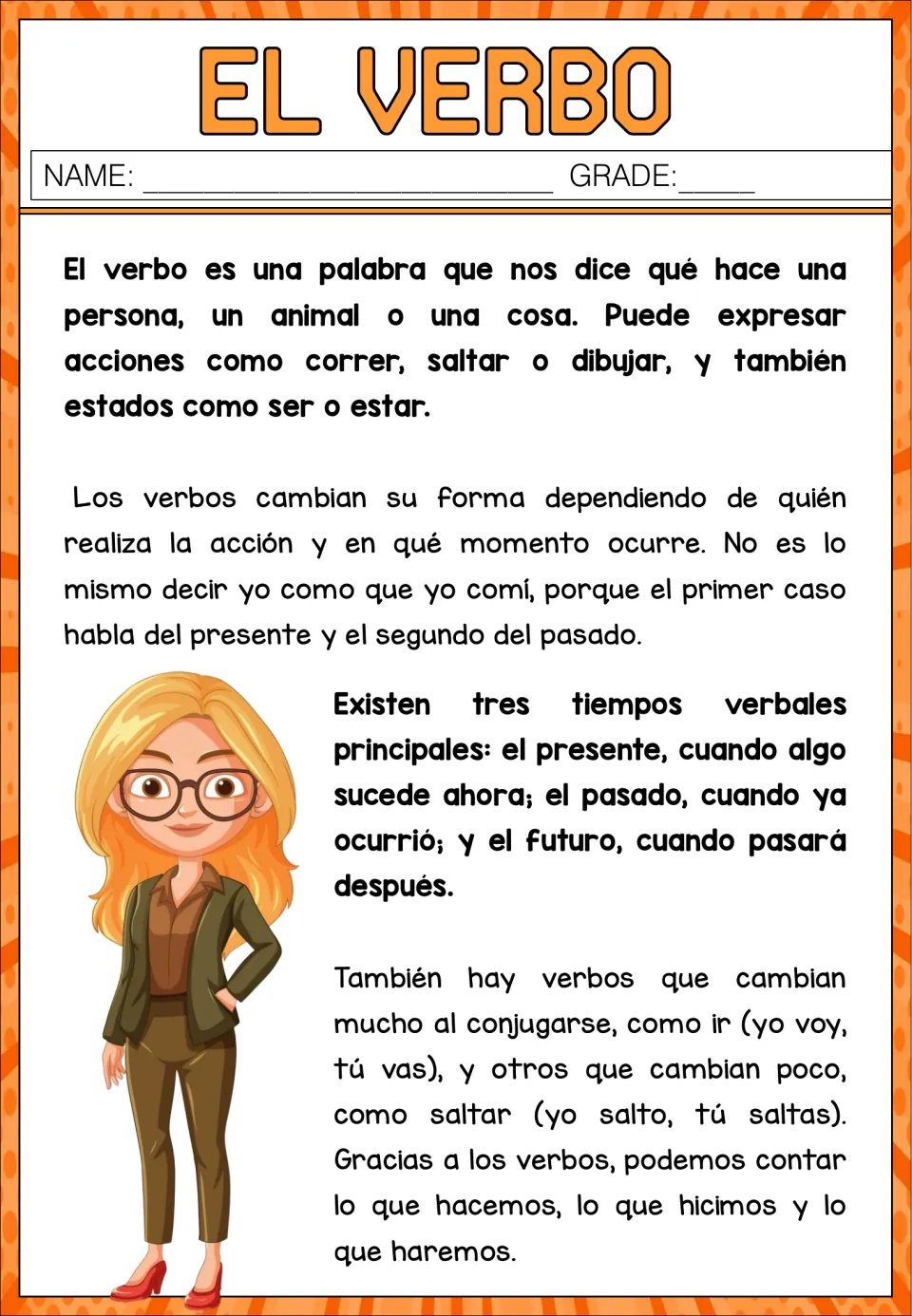 El Verbo reading in Spanish: what verbs are, actions vs. states, present, past and future tense, and ir vs. saltar