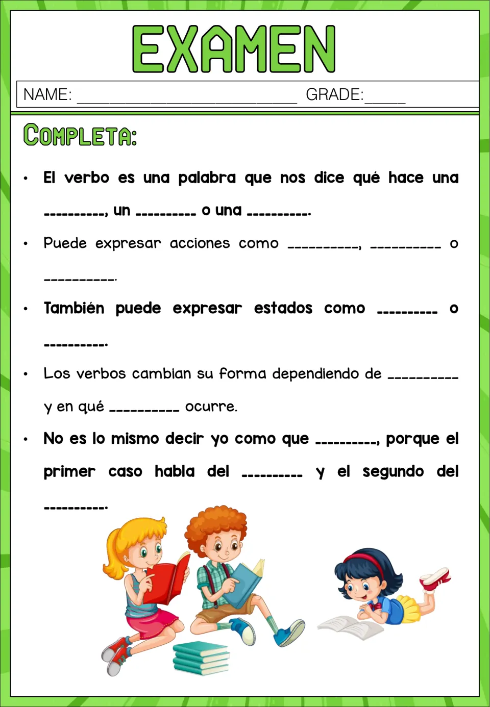Examen, Completa: students fill blanks about what verbs express, actions, states, and yo como vs. past tense