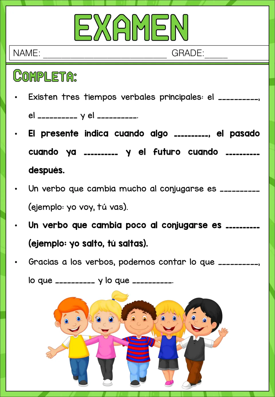 Examen, Completa part 2: students fill blanks on the three verb tenses and on verbs like ir and saltar