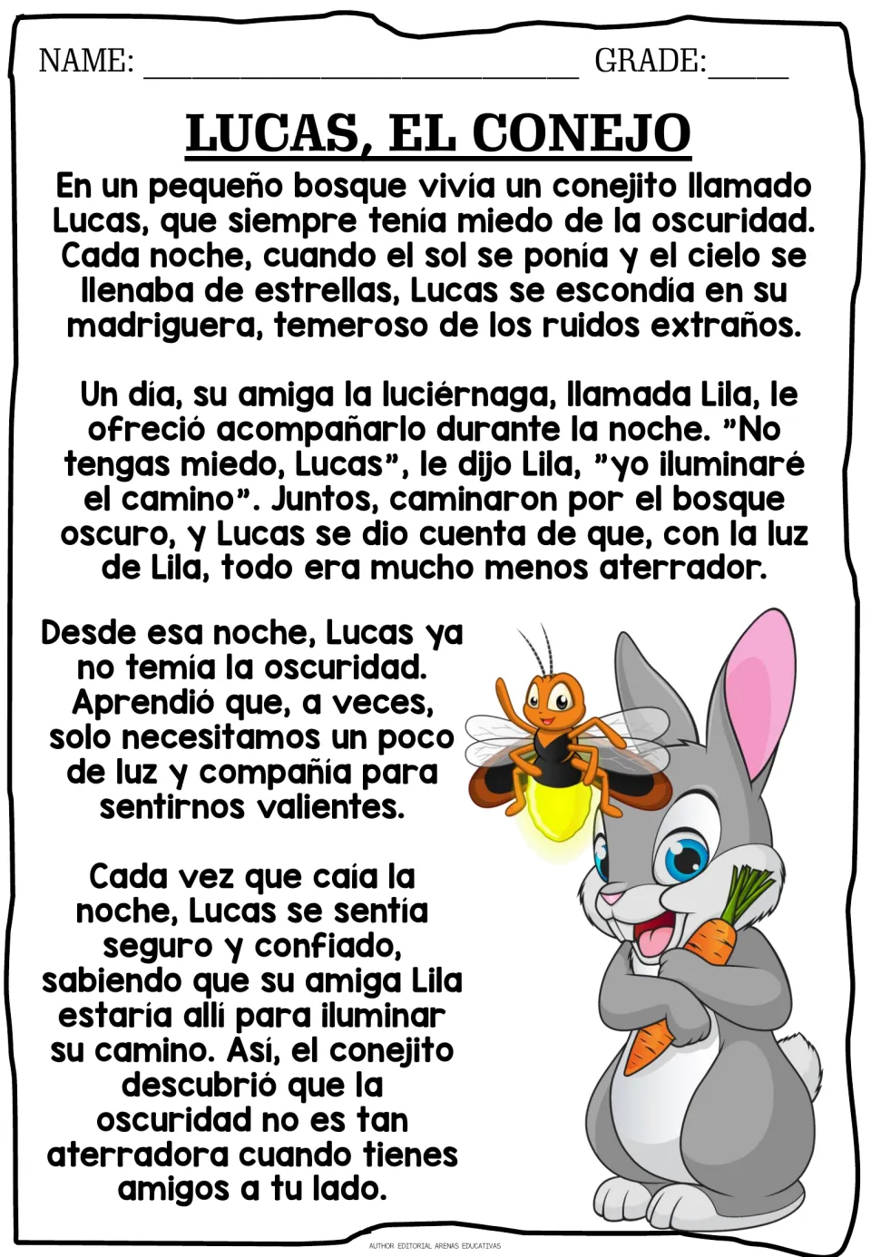 Spanish story Lucas, el conejo: students read how a firefly named Lila helps a rabbit overcome his fear of the dark