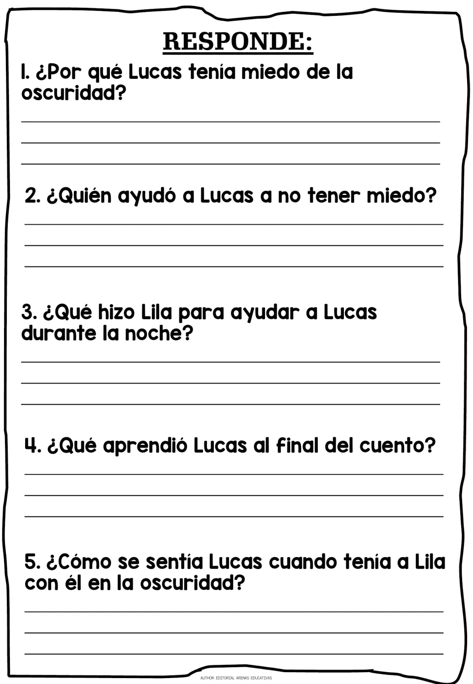 Responde: students write answers to 5 Spanish questions on why Lucas feared the dark, who helped him and what he learned