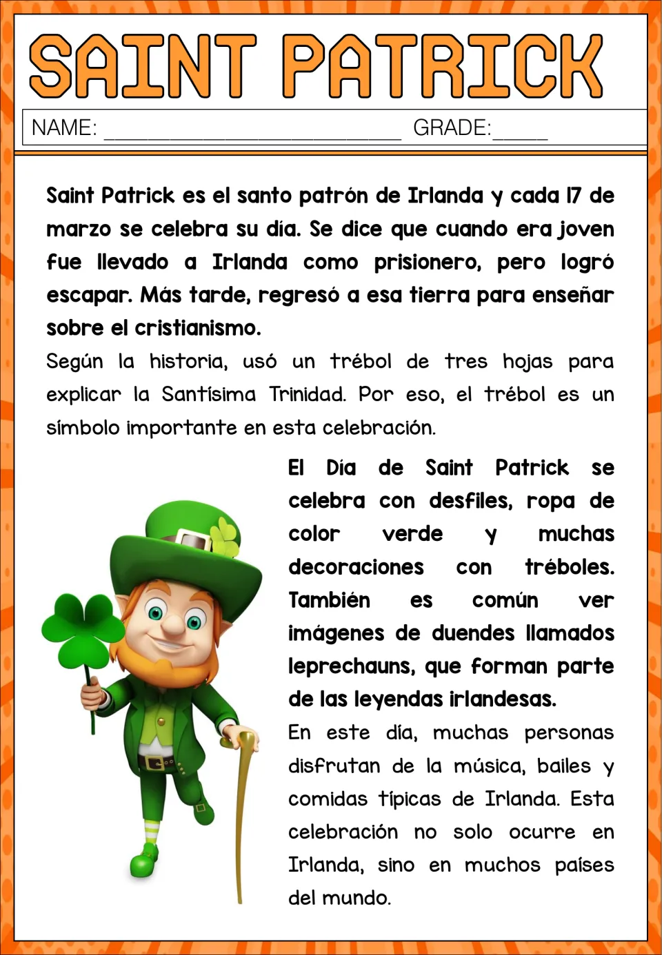 Spanish reading on Saint Patrick: students read about Ireland's patron saint, shamrock, parades, green and leprechauns