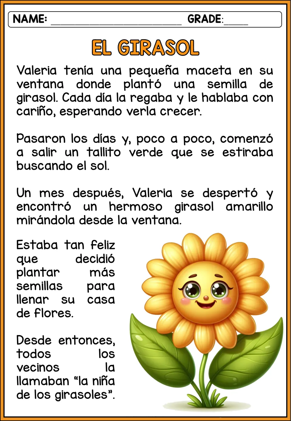 El Girasol Spanish story: students read how Valeria plants a sunflower seed, waters it and grows a yellow sunflower
