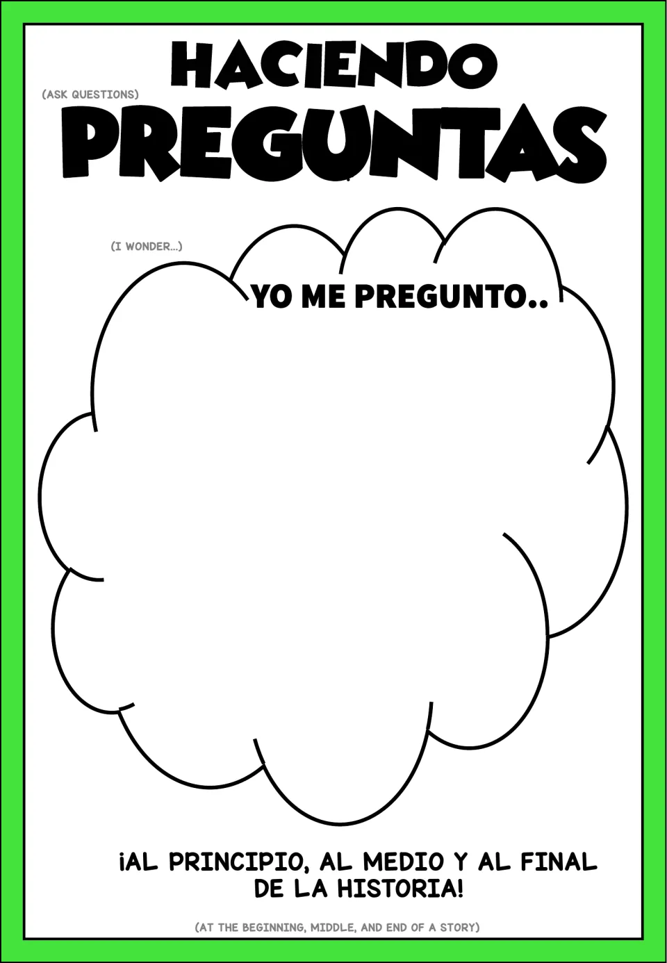Haciendo preguntas anchor chart: students record Yo me pregunto... wonderings before, during and after the story