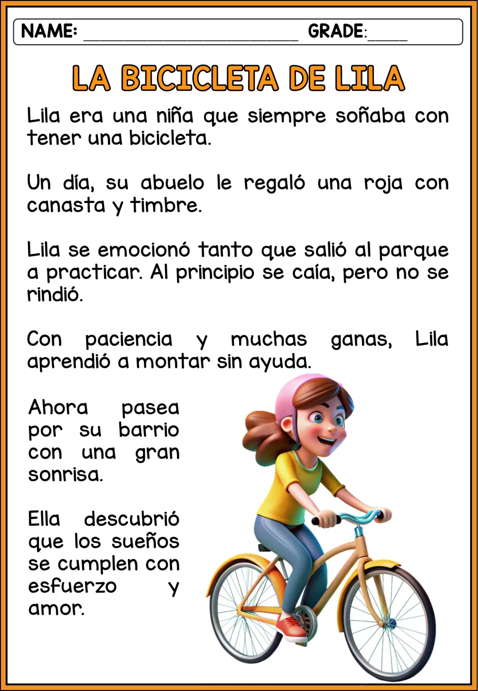 Spanish story 'La bicicleta de Lila' (Lila's Bicycle): her grandfather gives her a bike, and she learns to ride