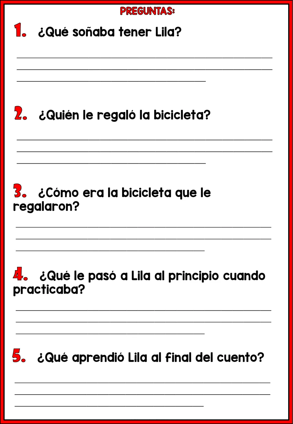 Five Spanish comprehension questions about Lila's wish, her gift, the bicycle, early falls, and her lesson