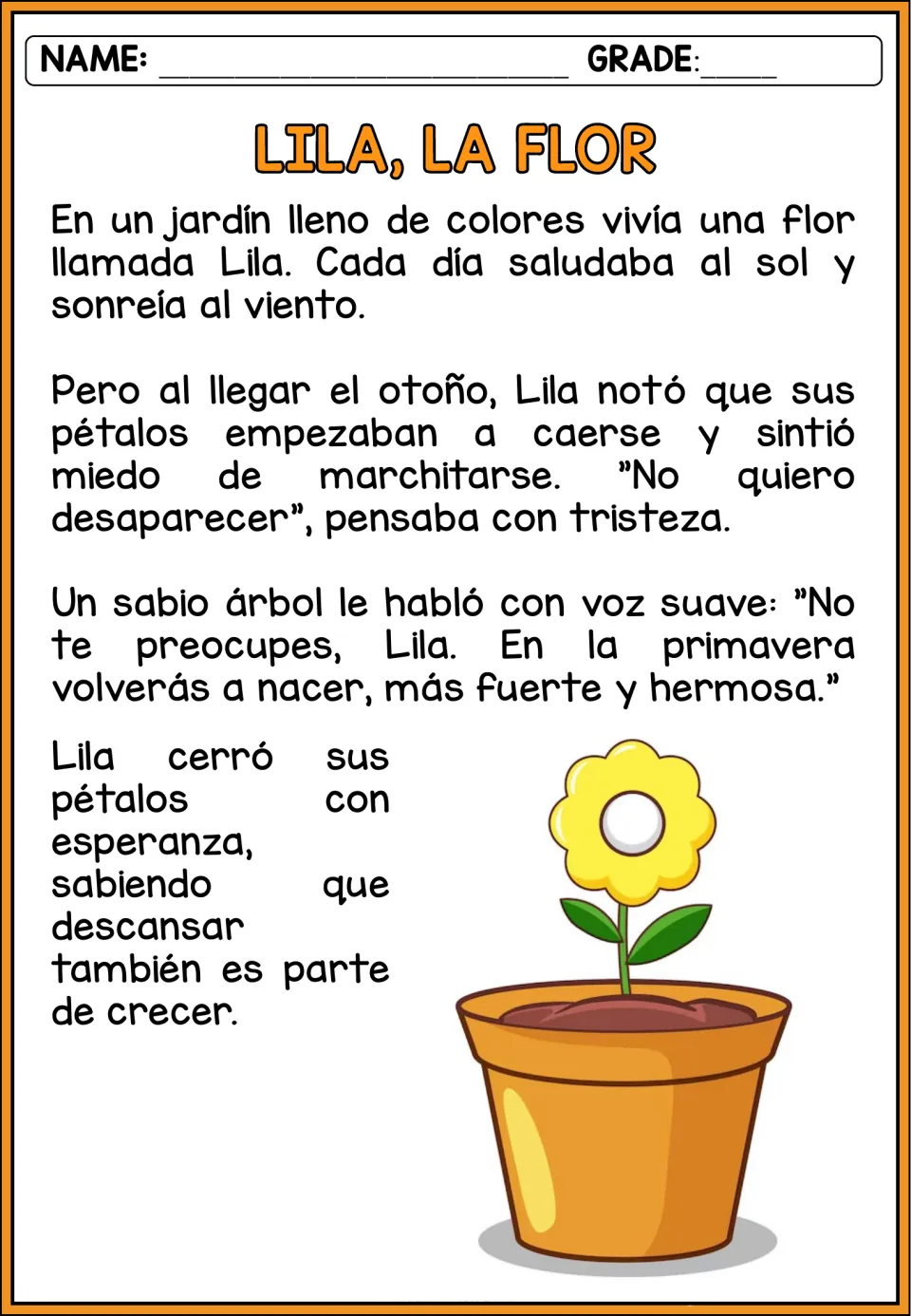 Spanish story 'Lila, la flor' (Lila the flower): a tree reassures Lila that she will return in spring