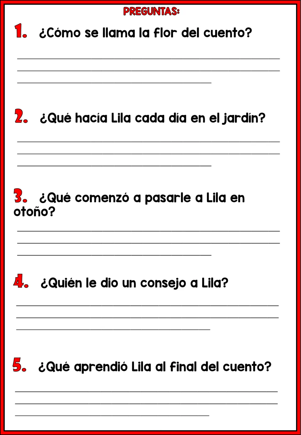 Five Spanish comprehension questions about Lila's name, daily actions, autumn changes, advice, and lesson