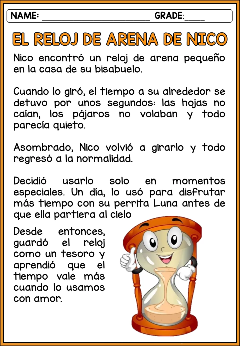 Spanish story 'El reloj de arena de Nico': a magical hourglass helps Nico treasure time with his dog Luna