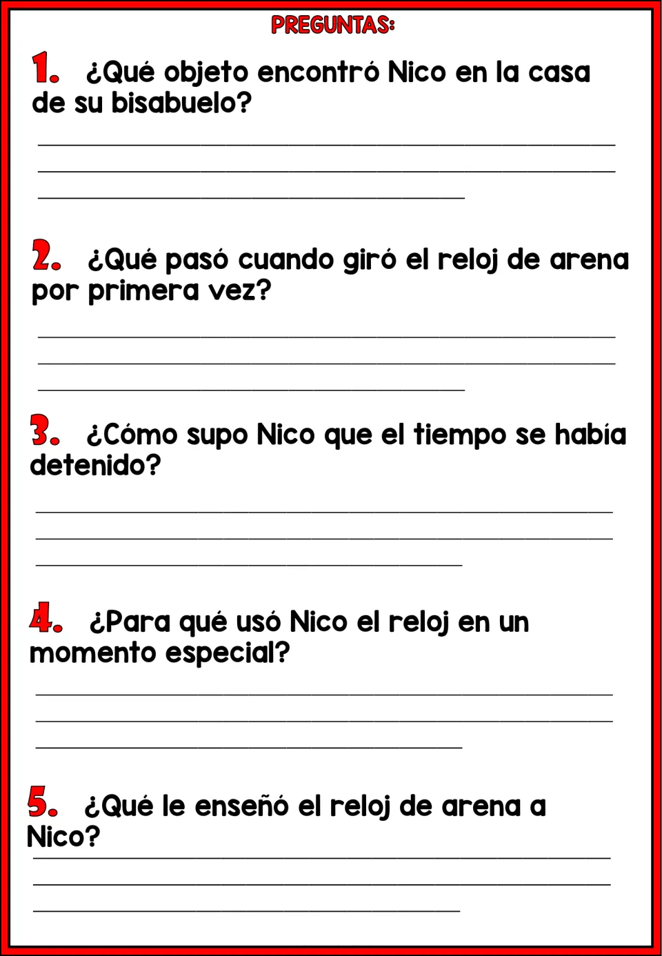 Five Spanish comprehension questions about Nico’s hourglass, stopped time, his special use, and its lesson