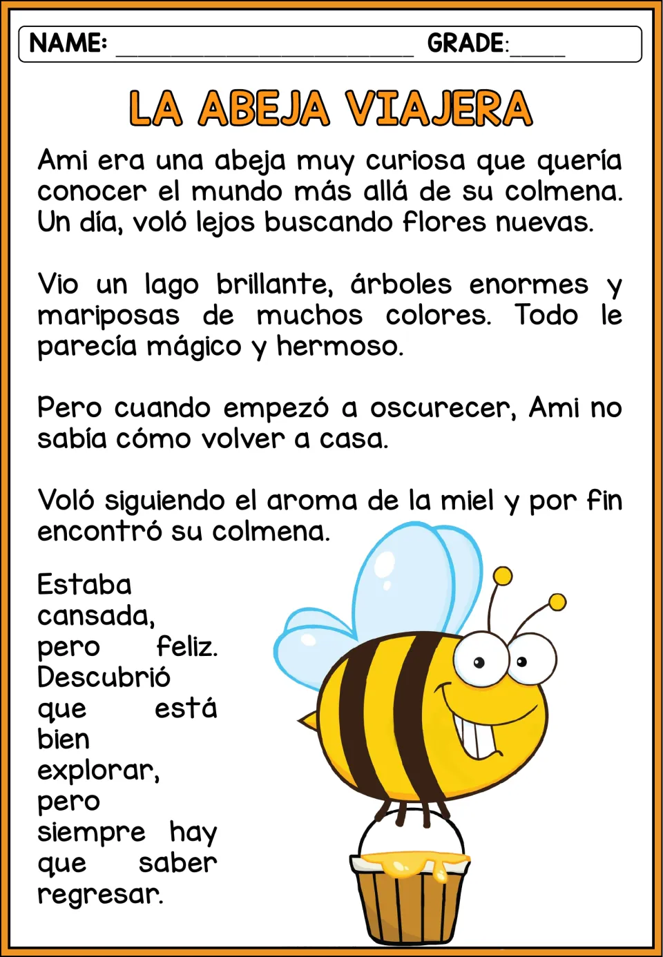 Spanish story 'La abeja viajera' (The Traveling Bee): Ami explores and follows the scent of honey home
