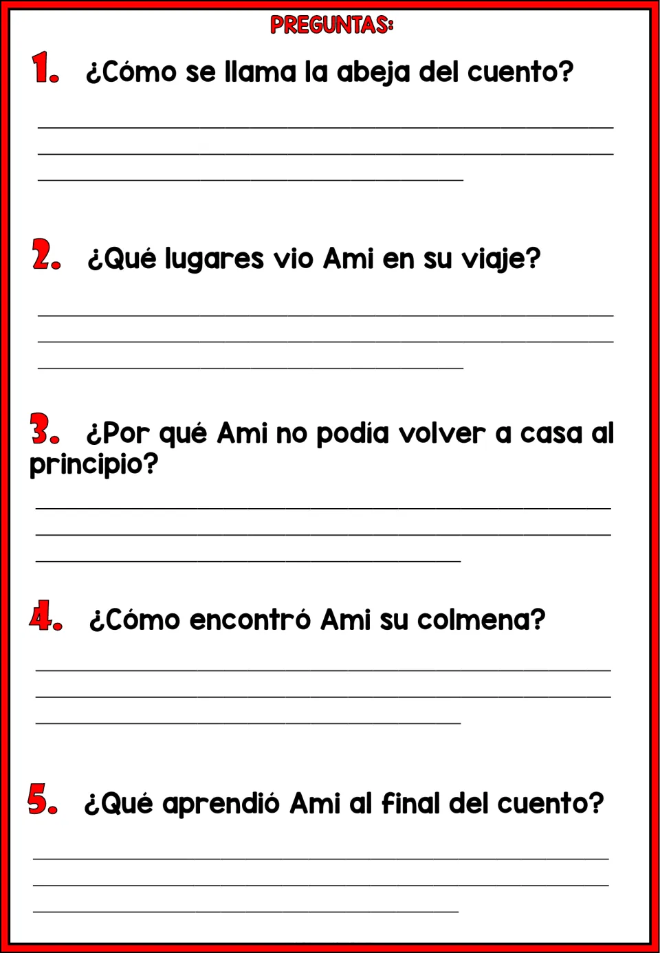 Five Spanish comprehension questions about Ami's name, journey, trouble returning home, solution, and lesson