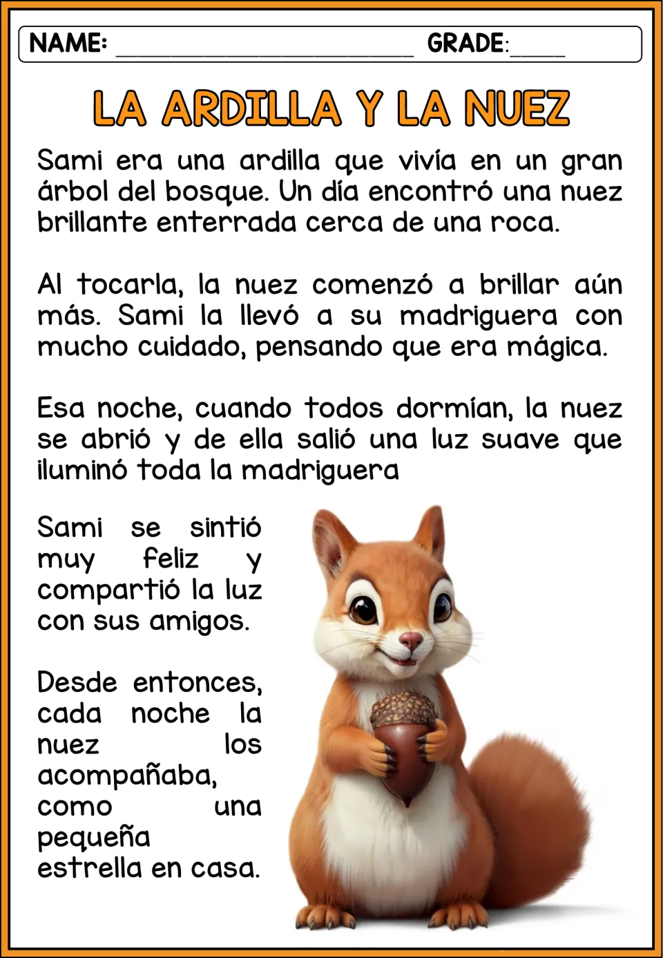 Spanish story 'La ardilla y la nuez' (The Squirrel and the Nut): Sami finds a glowing nut and shares its light