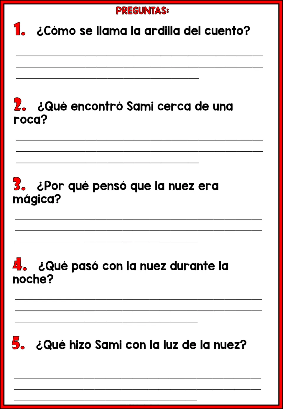 Five Spanish comprehension questions ask about Sami's name, discovery, magical nut, and sharing its light