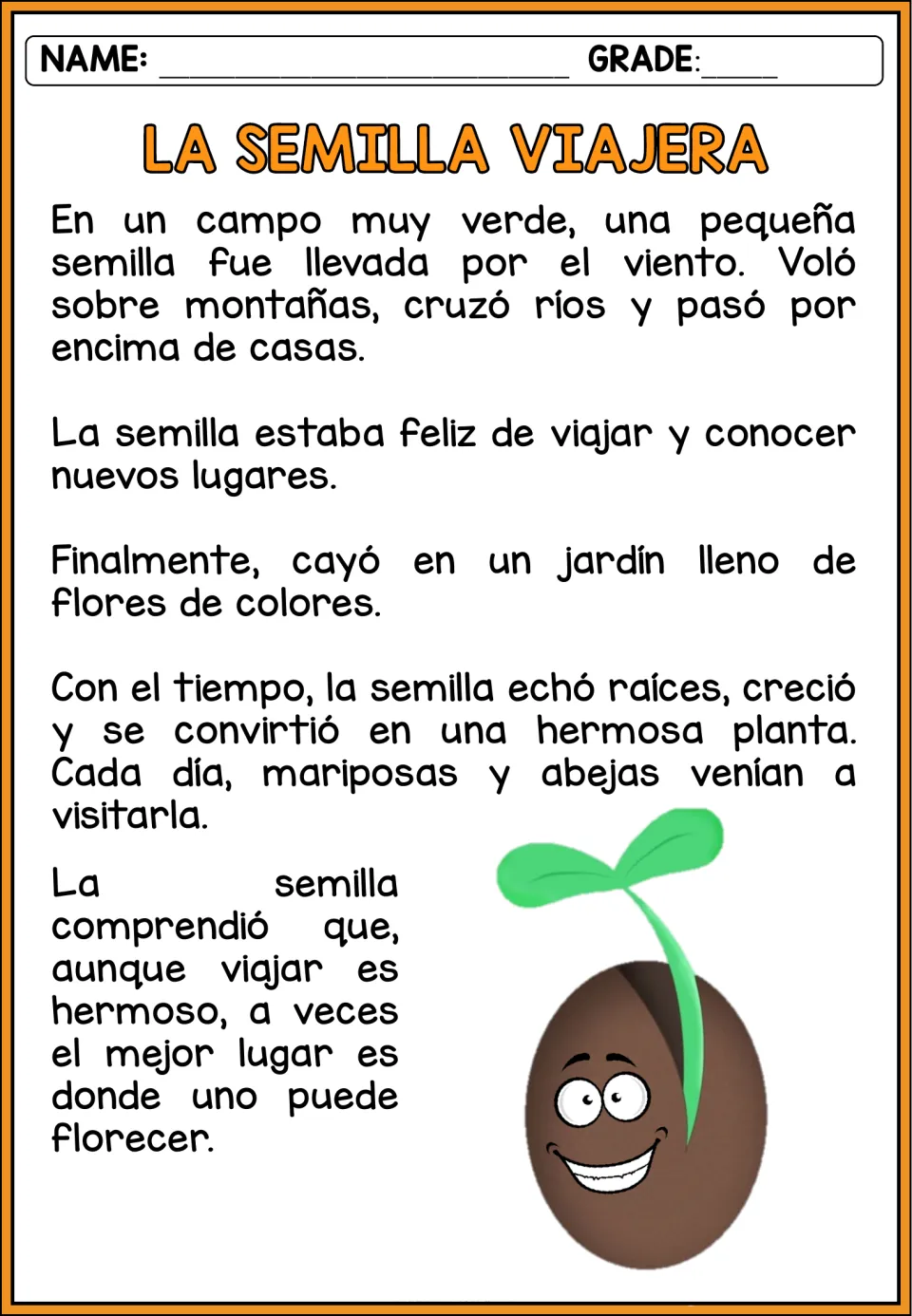 Spanish story 'La semilla viajera' (The Traveling Seed): wind carries a seed that takes root in a garden