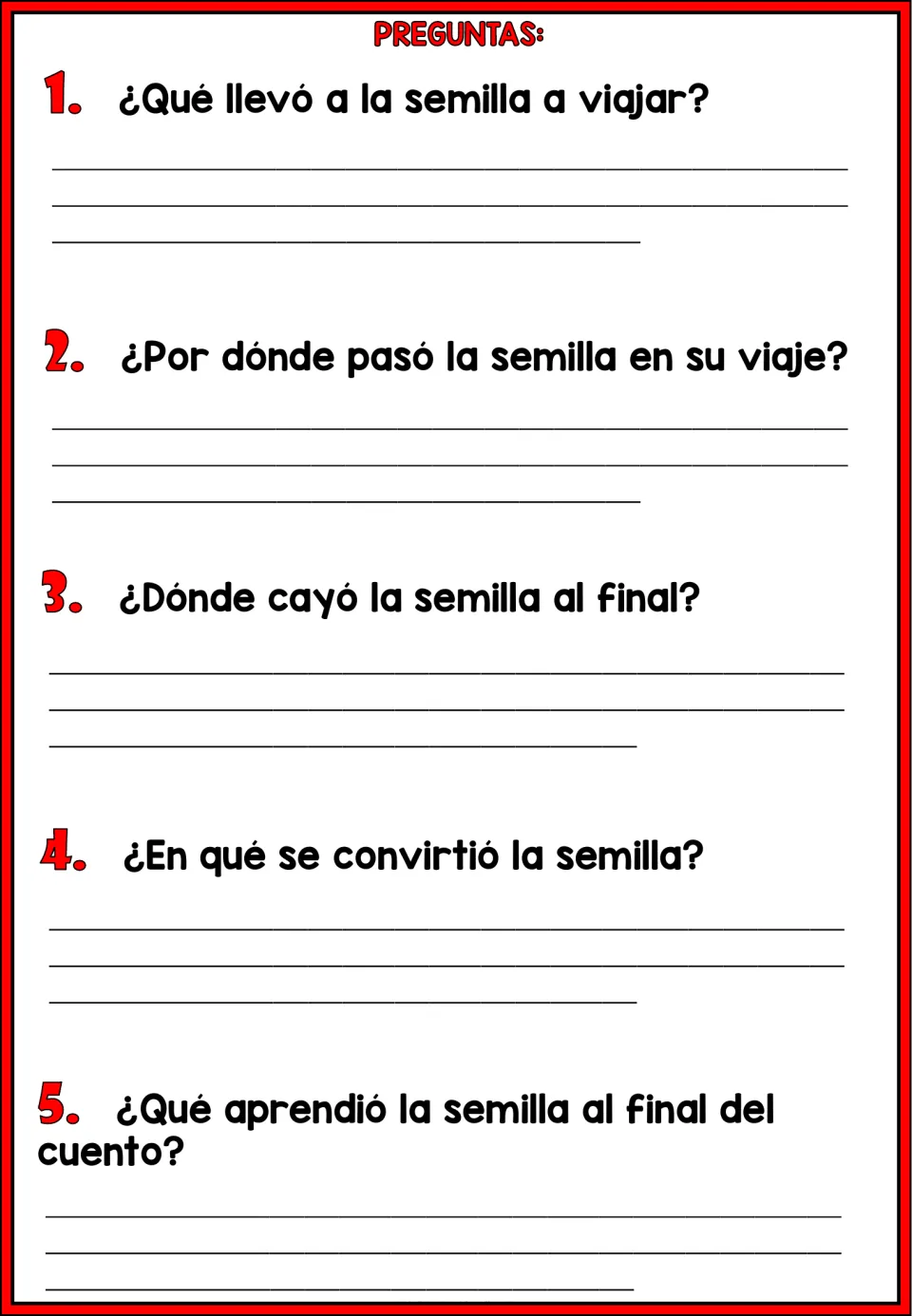 Five Spanish comprehension questions ask about the seed's journey, landing place, growth, and final lesson
