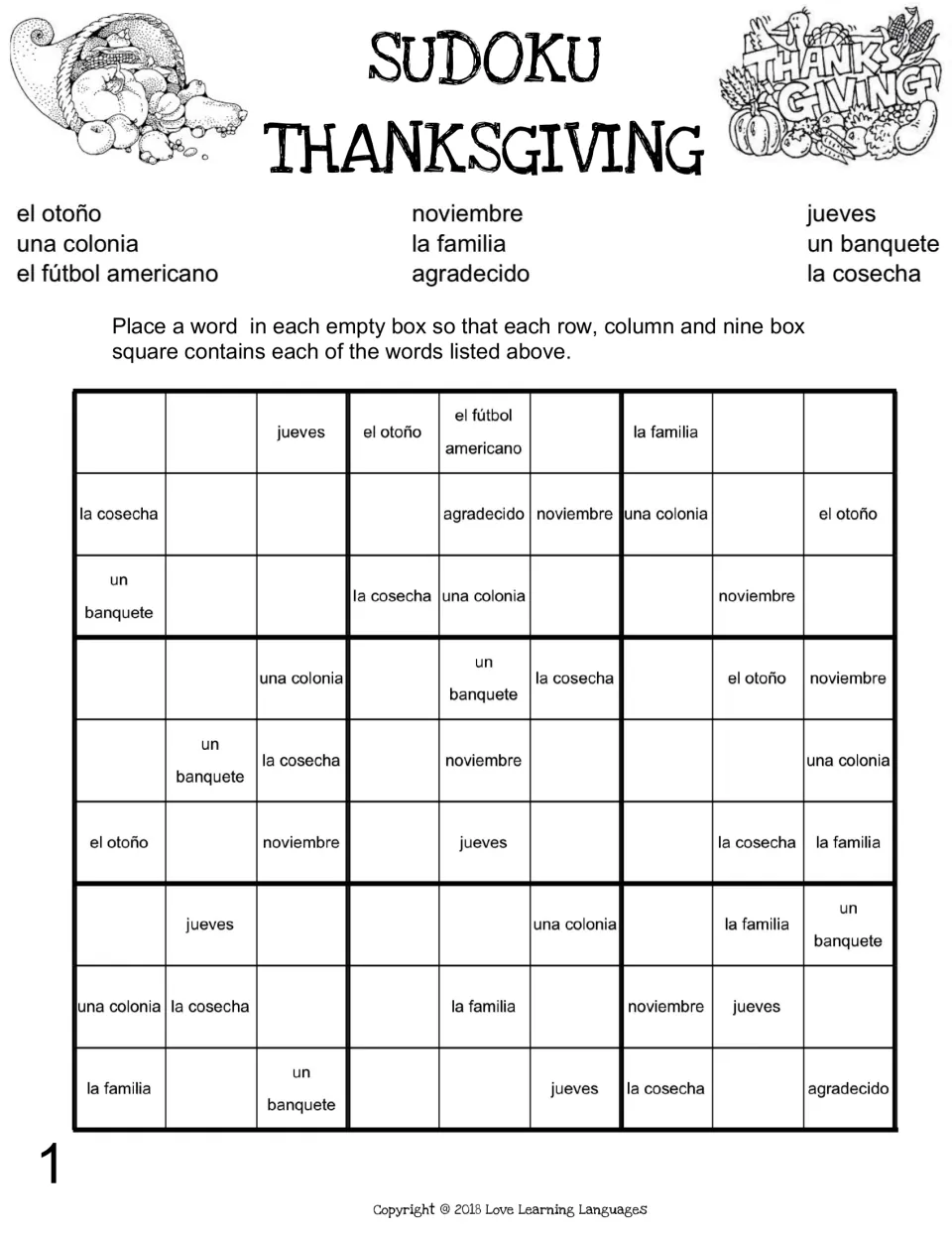 Spanish Thanksgiving Sudoku puzzle 1: el otoño (fall), la familia (family), noviembre (November) and six more