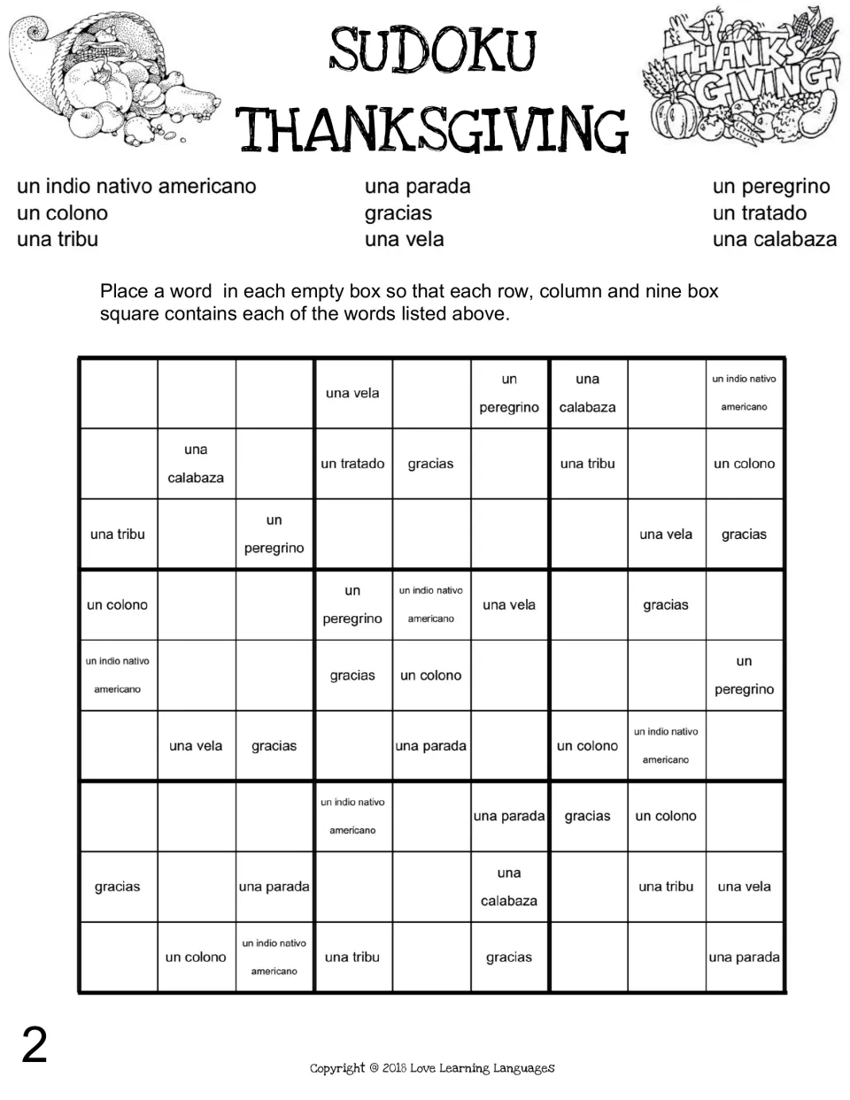 Spanish Thanksgiving Sudoku puzzle 2: gracias (thanks), una vela (candle), una calabaza (pumpkin) and six more