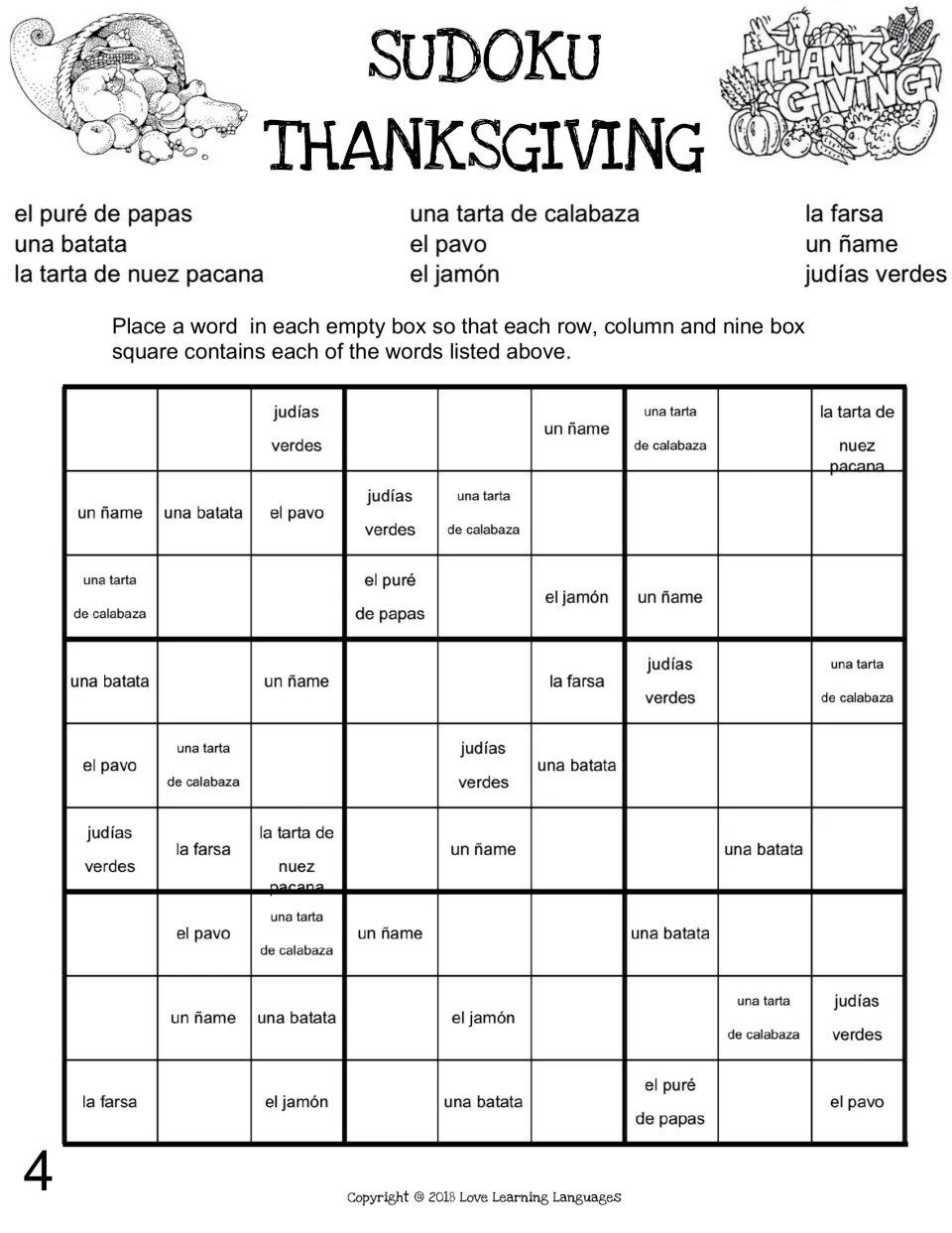 Spanish Thanksgiving Sudoku puzzle 4: el pavo (turkey), el jamón (ham), un ñame (yam) and six more food terms