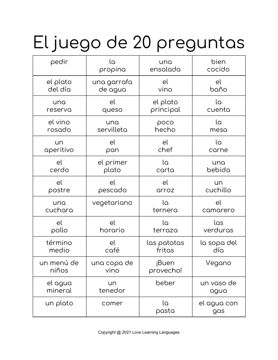 El juego de 20 preguntas: 52 Spanish restaurant words, from la propina to la cuenta, as a board for a guessing game