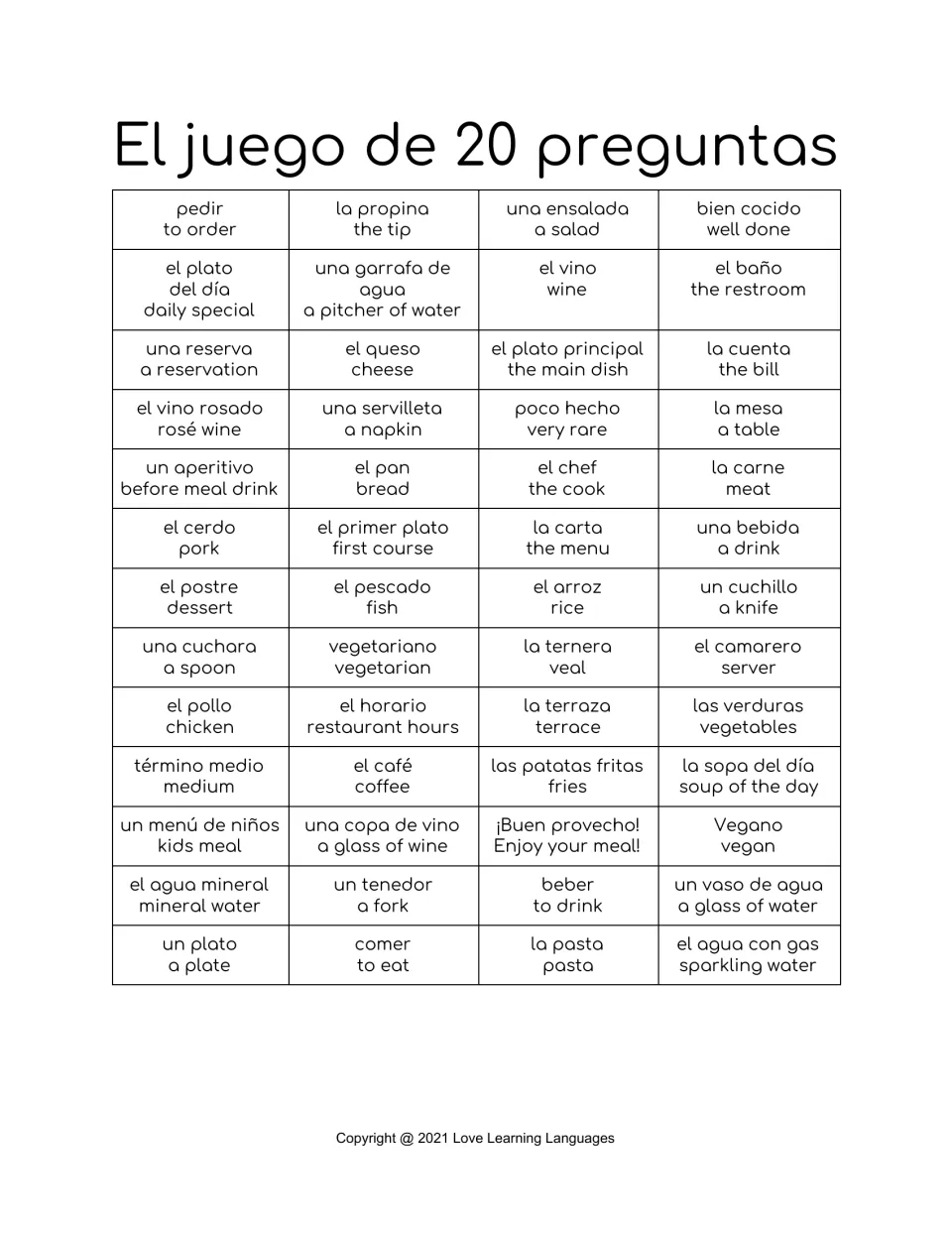 El juego de 20 preguntas with English meanings: la propina the tip, la cuenta the bill and 50 more restaurant terms