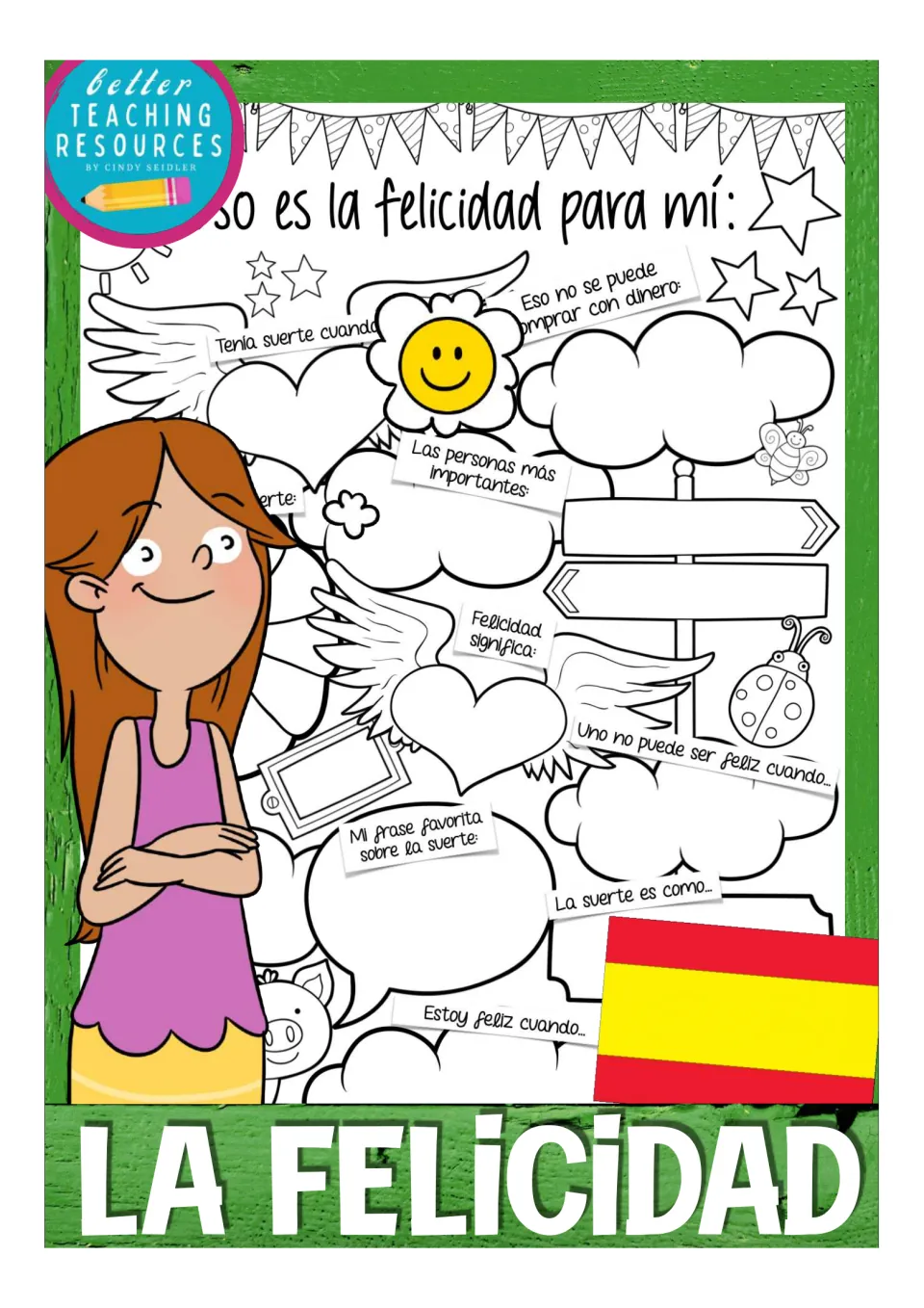 Cover of the Spanish happiness writing resource, titled 'La felicidad' (happiness), showing a worksheet sample.