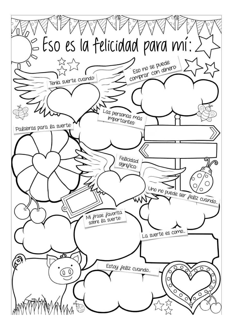 Spanish happiness worksheet prompts include 'Estoy feliz cuando...' (I am happy when) and important people.